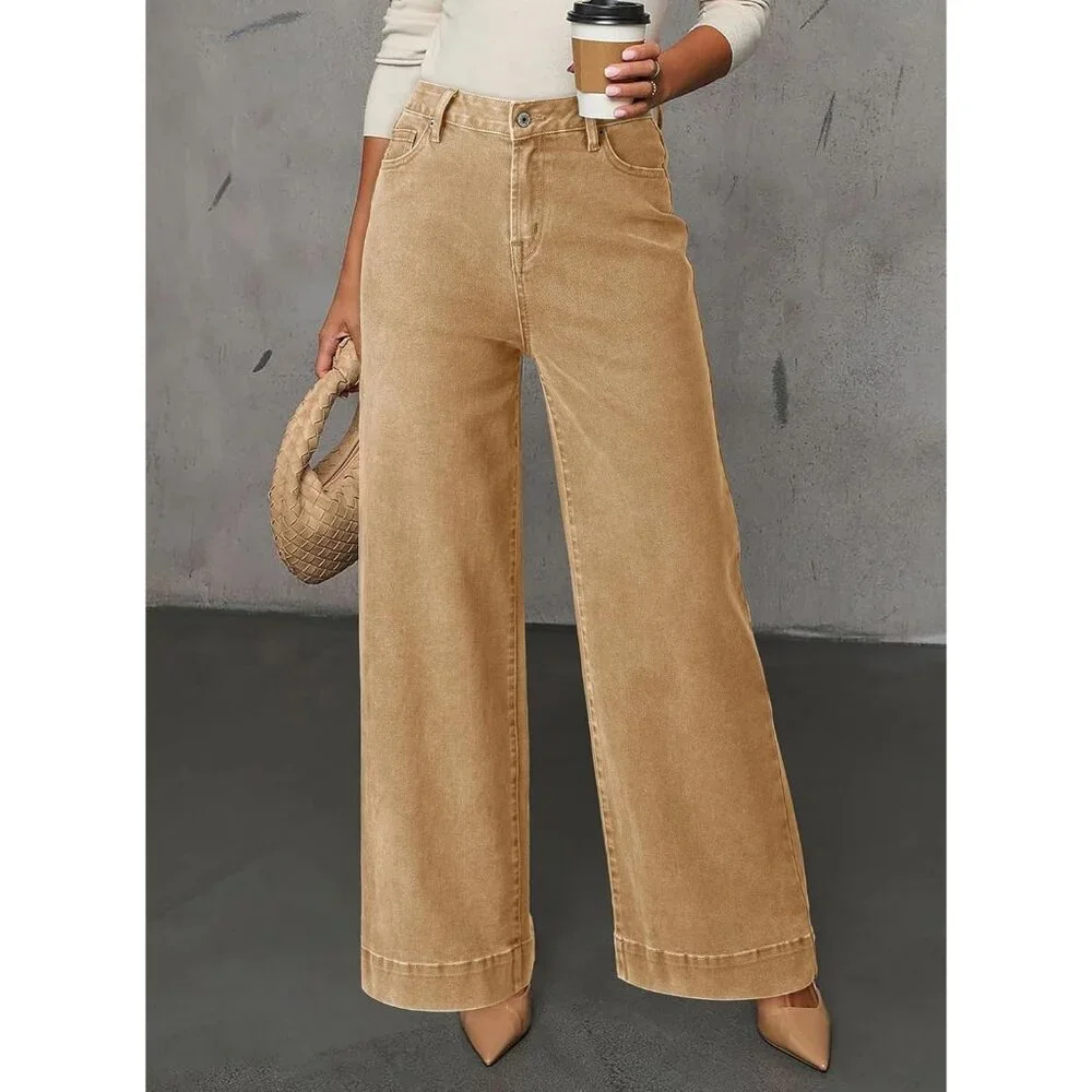 Women Casual Jurassic Gold Wide Leg Denim Jeans Stretchy Loose Pant with Pockets - Picture 2 of 2